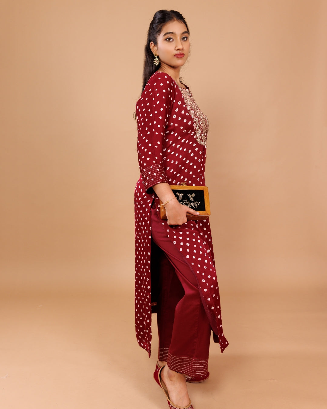 Maroon Bandhani Embroidered Modal Kurta with Pants – Panchakanya Clothing