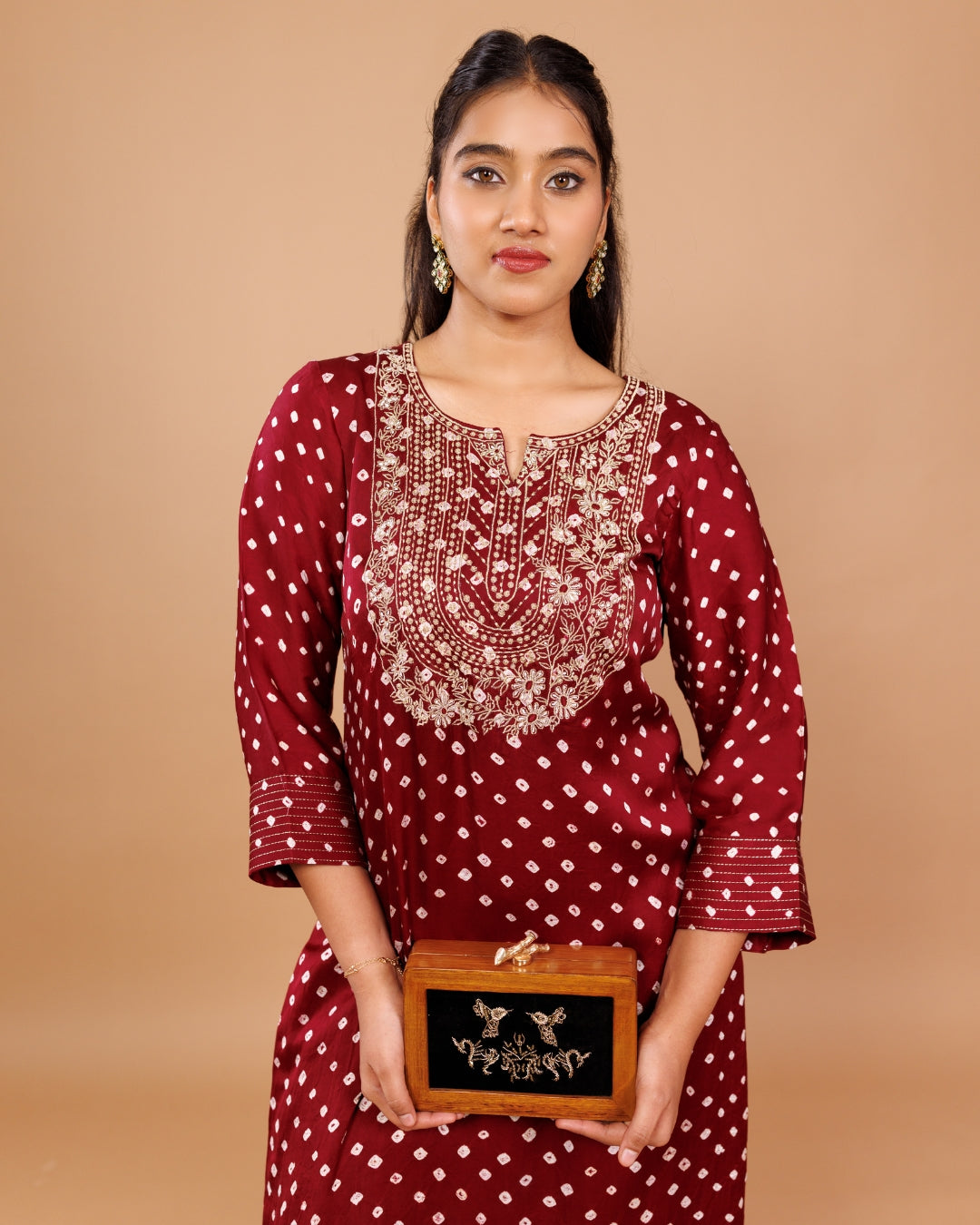 Maroon Bandhani Embroidered Modal Kurta with Pants – Panchakanya Clothing