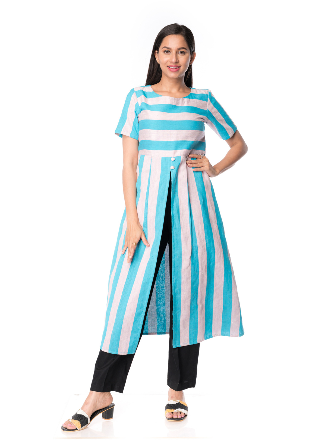 Elegent Turquoise Stripped Khadi Silk Kurta - Panchakanya Clothing