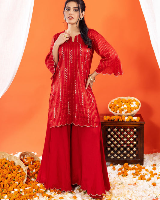 Embroidered Maheshwari Silk Kurta & Sharara Set for Women – Festive Designer Wear by Panchakanya