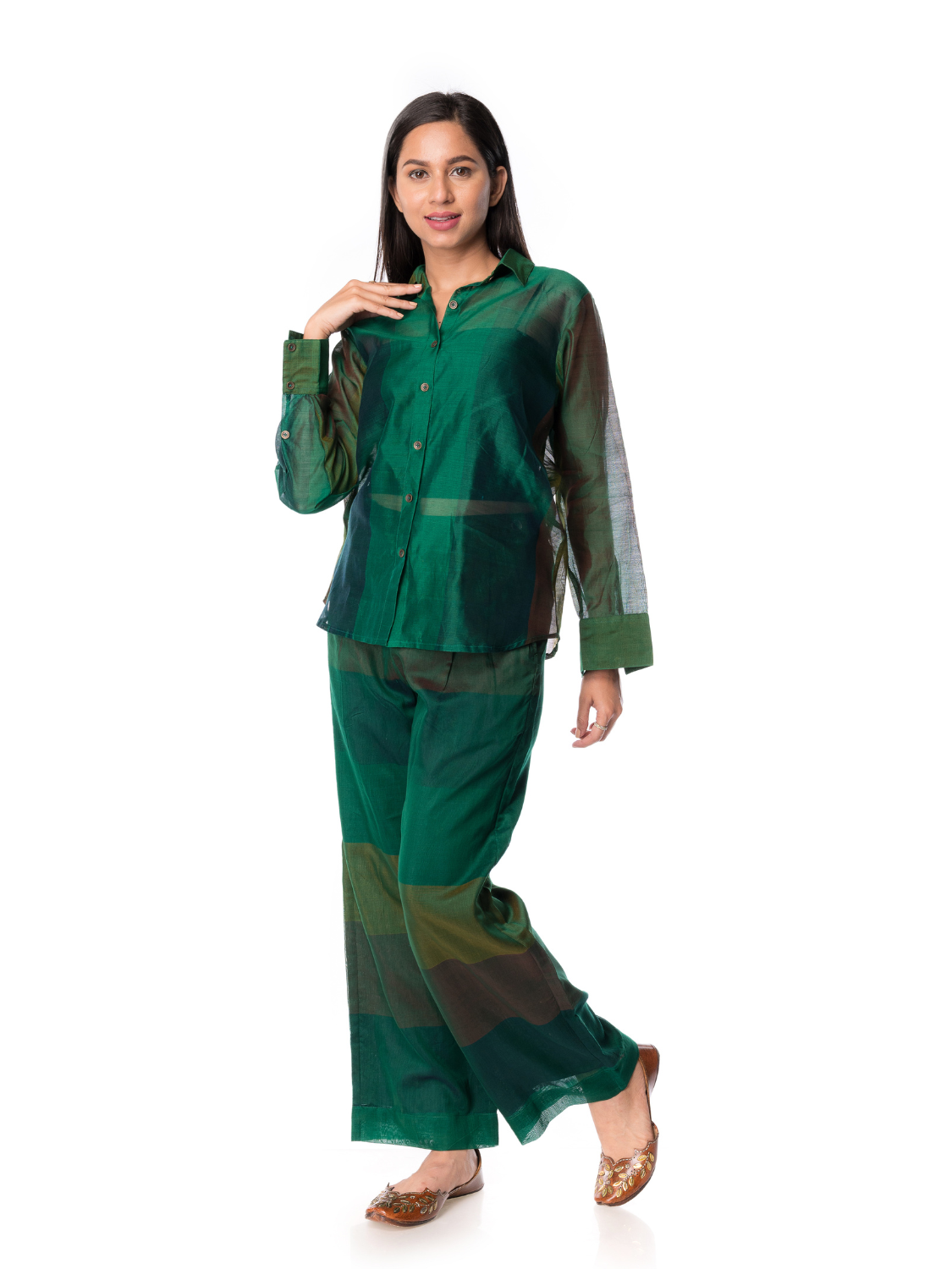 Elegant Bottle Green Maheshwari Silk Co-Ords Sets For Women - Panchakanya Clothing