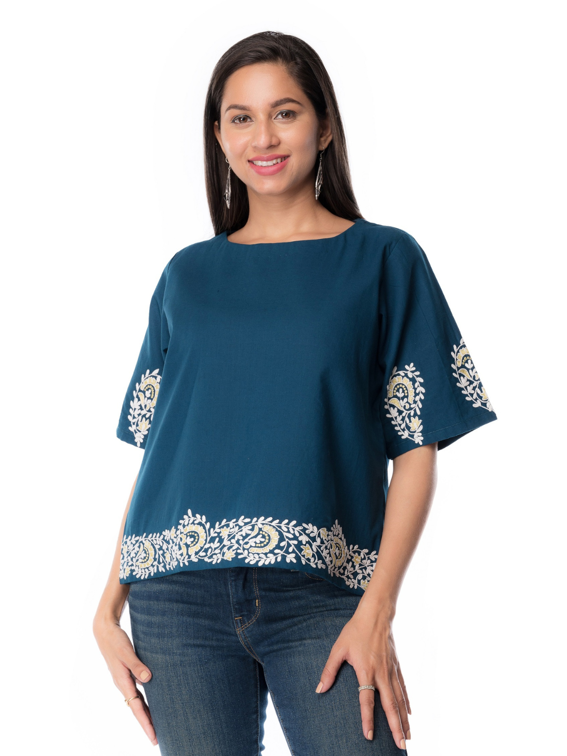 Teal Blue Cotton Embroidered Top for Women – Panchakanya Clothing