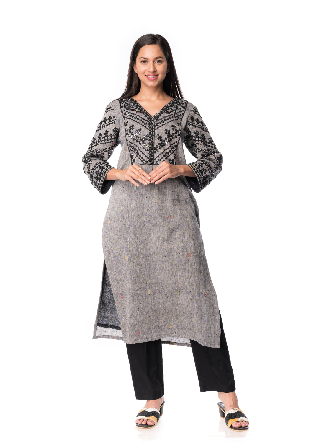 Grey Black Elegant Mirror Embroidery Kurta with Lining - Panchakanya Clothing