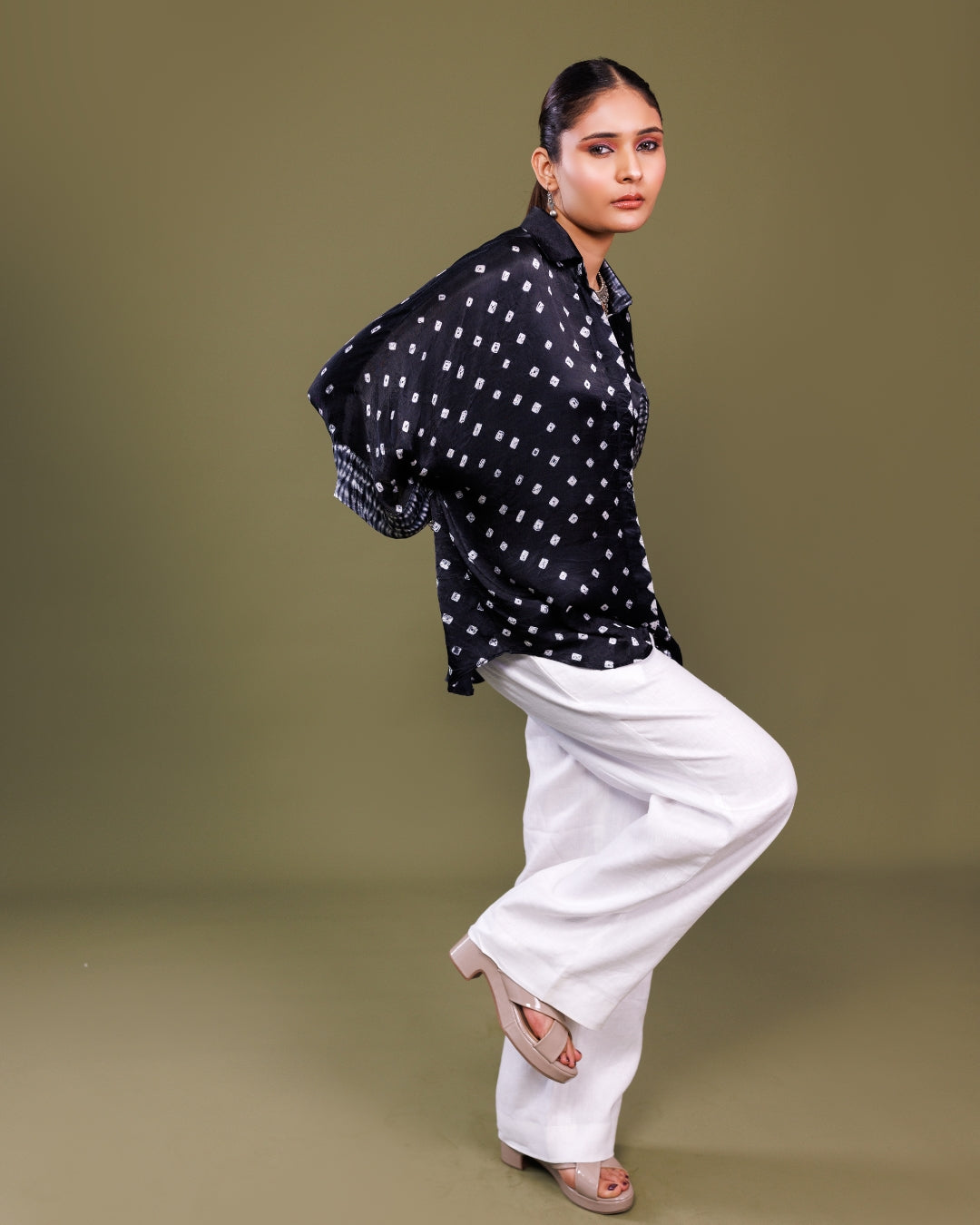 Black Bandhani Modal Silk Long Shirt for Women – Handcrafted Designer Shirt by Panchakanya