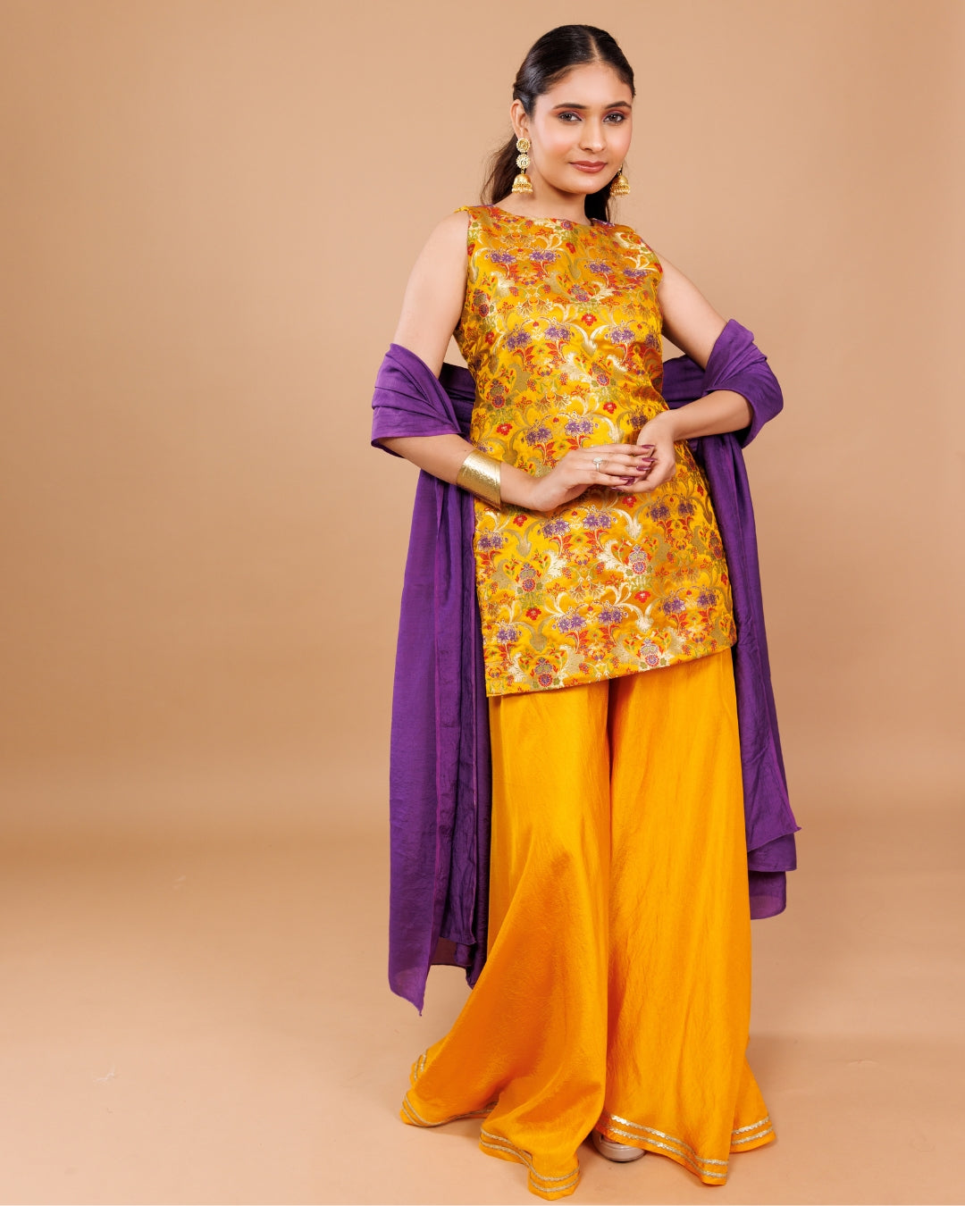 Banarasi Silk Kurta with Opada Sharara and Dupatta – Panchakanya Clothing