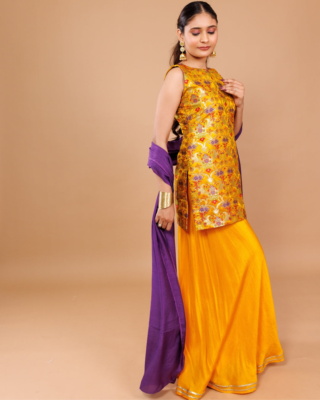 Banarasi Silk Kurta with Opada Sharara and Dupatta – Panchakanya Clothing