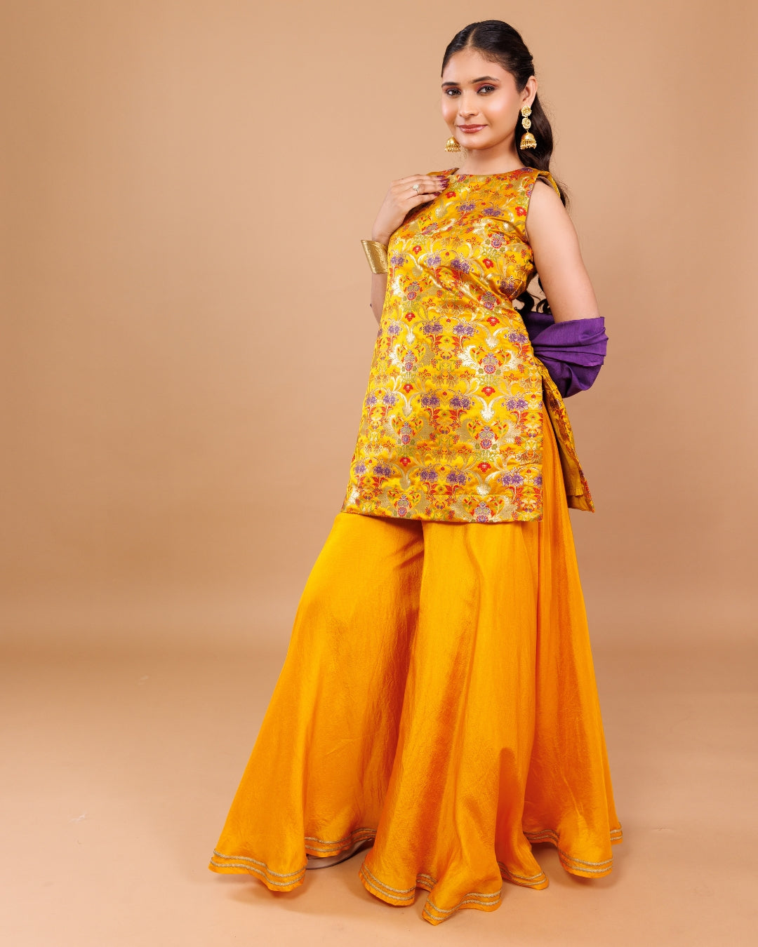 Banarasi Silk Kurta with Opada Sharara and Dupatta – Panchakanya Clothing