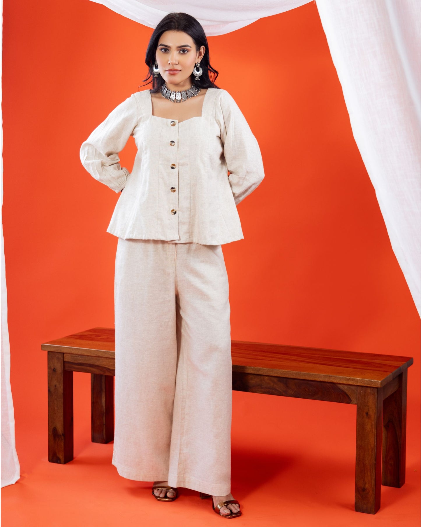 Panchakanya Linen Kali Top for Women with Front Buttons – Sustainable Cotton Linen Long Sleeve White Top | Stylish Summer & Party Wear