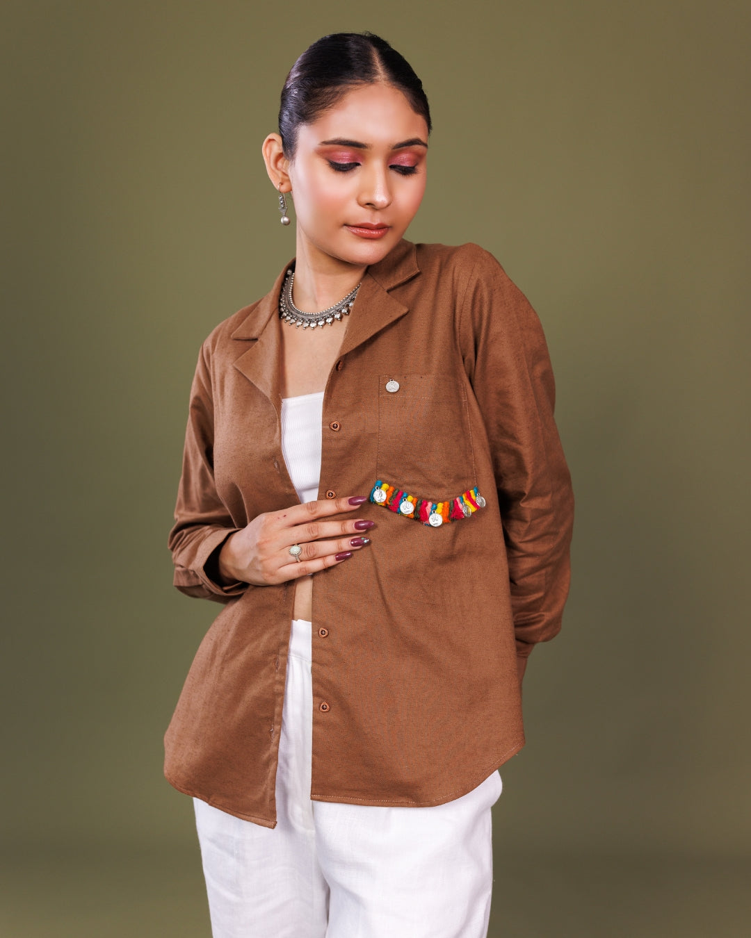 Brown Cotton Shirt with Mirror Tassel Detail – Contemporary Handcrafted Top by Panchakanya