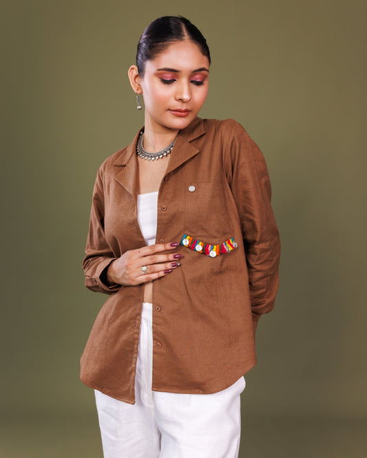 Brown Cotton Shirt with Mirror Tassel Detail – Contemporary Handcrafted Top by Panchakanya