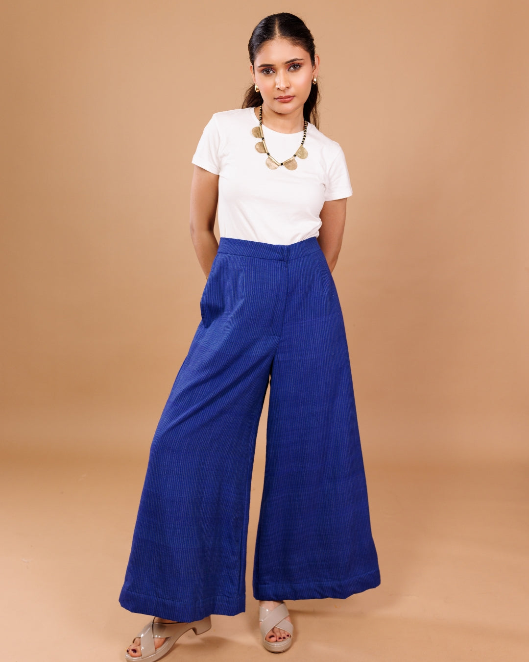 Cotton Blue Handloom Wide-Leg Pant | Pure Handloom Cotton | Comfortable Everyday Wear | By Panchakanya