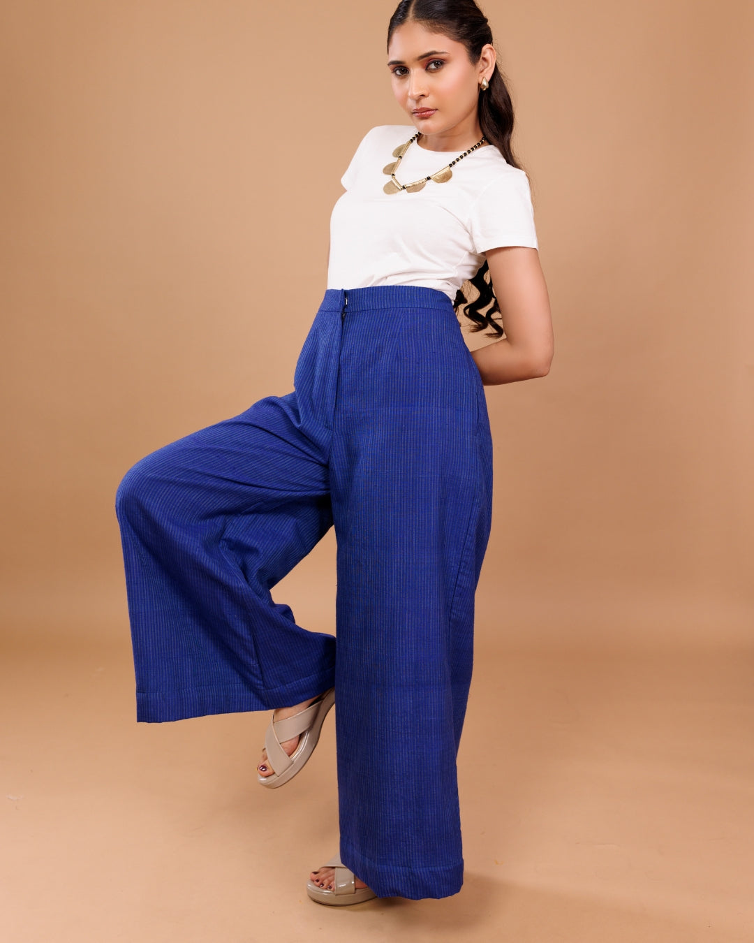 Cotton Blue Handloom Wide-Leg Pant | Pure Handloom Cotton | Comfortable Everyday Wear | By Panchakanya