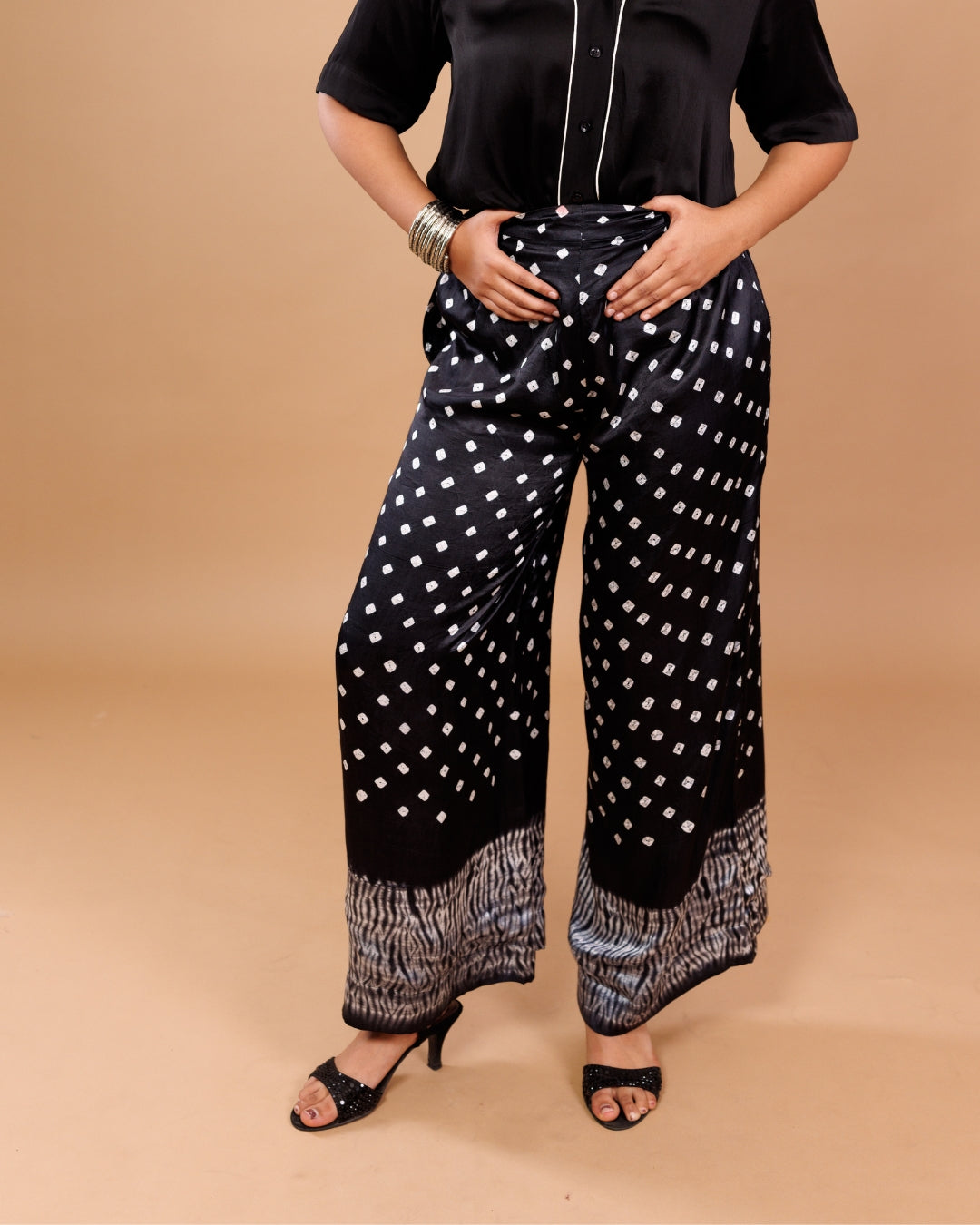 Black Bandhani Print Modal Wide-Leg Pant | Soft Modal Fabric | Ethnic Fusion Bottom Wear | By Panchakanya