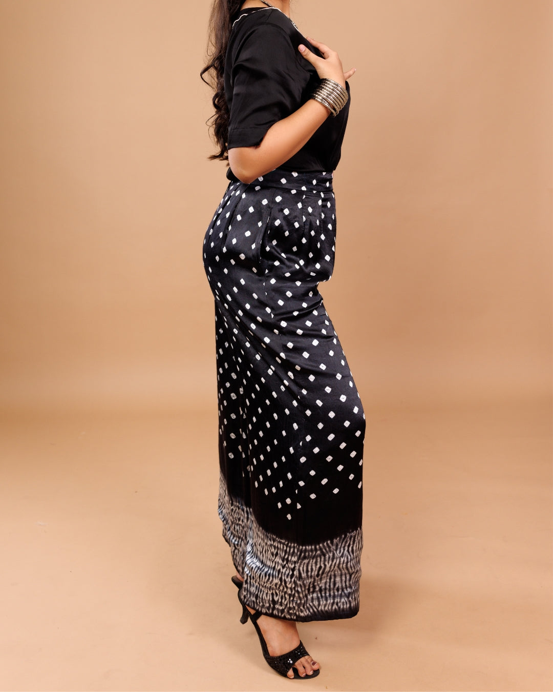 Black Bandhani Print Modal Wide-Leg Pant | Soft Modal Fabric | Ethnic Fusion Bottom Wear | By Panchakanya