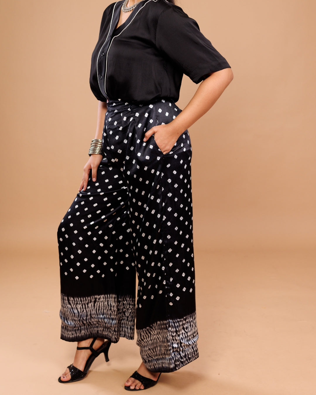 Black Bandhani Print Modal Wide-Leg Pant | Soft Modal Fabric | Ethnic Fusion Bottom Wear | By Panchakanya