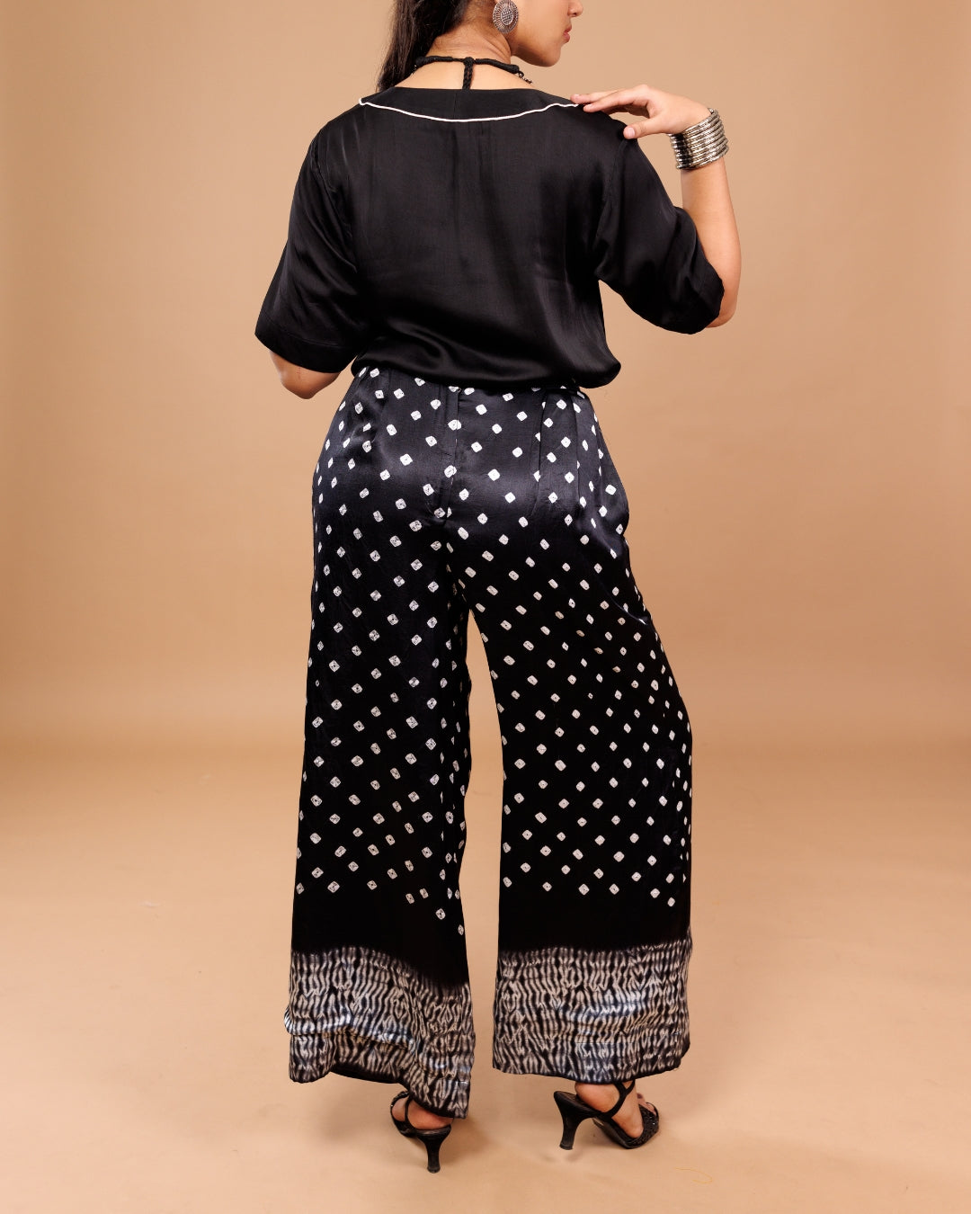 Black Bandhani Print Modal Wide-Leg Pant | Soft Modal Fabric | Ethnic Fusion Bottom Wear | By Panchakanya