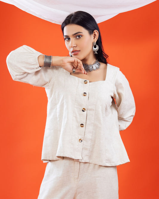 Panchakanya Linen Kali Top for Women with Front Buttons – Sustainable Cotton Linen Long Sleeve White Top | Stylish Summer & Party Wear