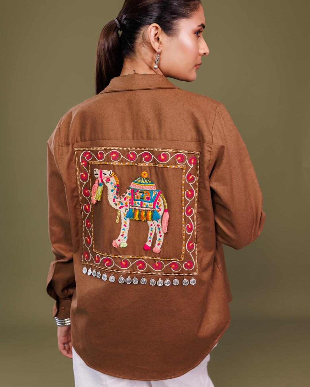 Brown Cotton Shirt with Mirror Tassel Detail – Contemporary Handcrafted Top by Panchakanya