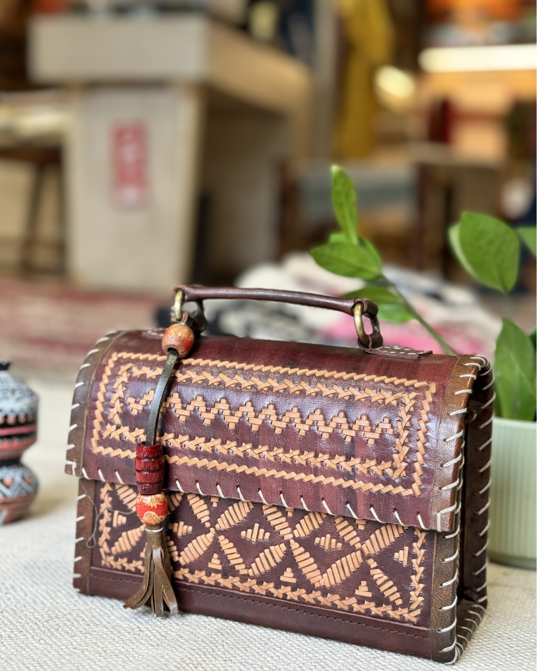 Gujarati Traditional Leather Bag - Kutch print Unique Handbag for Women