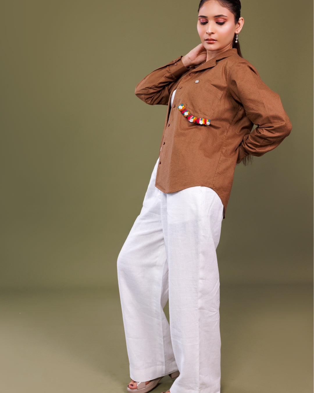 Brown Cotton Shirt with Mirror Tassel Detail – Contemporary Handcrafted Top by Panchakanya