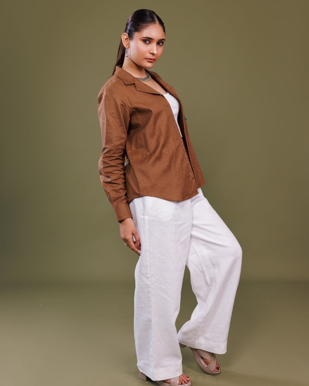 Brown Cotton Shirt with Mirror Tassel Detail – Contemporary Handcrafted Top by Panchakanya