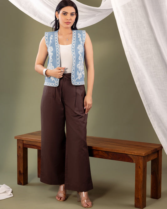 Women’s Denim Sleeveless Jacket with Dori Embroidery – Stylish Layering Vest by Panchakanya