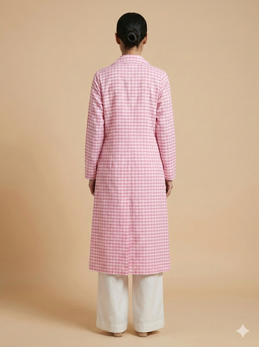 Pink Chanderi Check Long Jacket for Women | Handloom Elegance