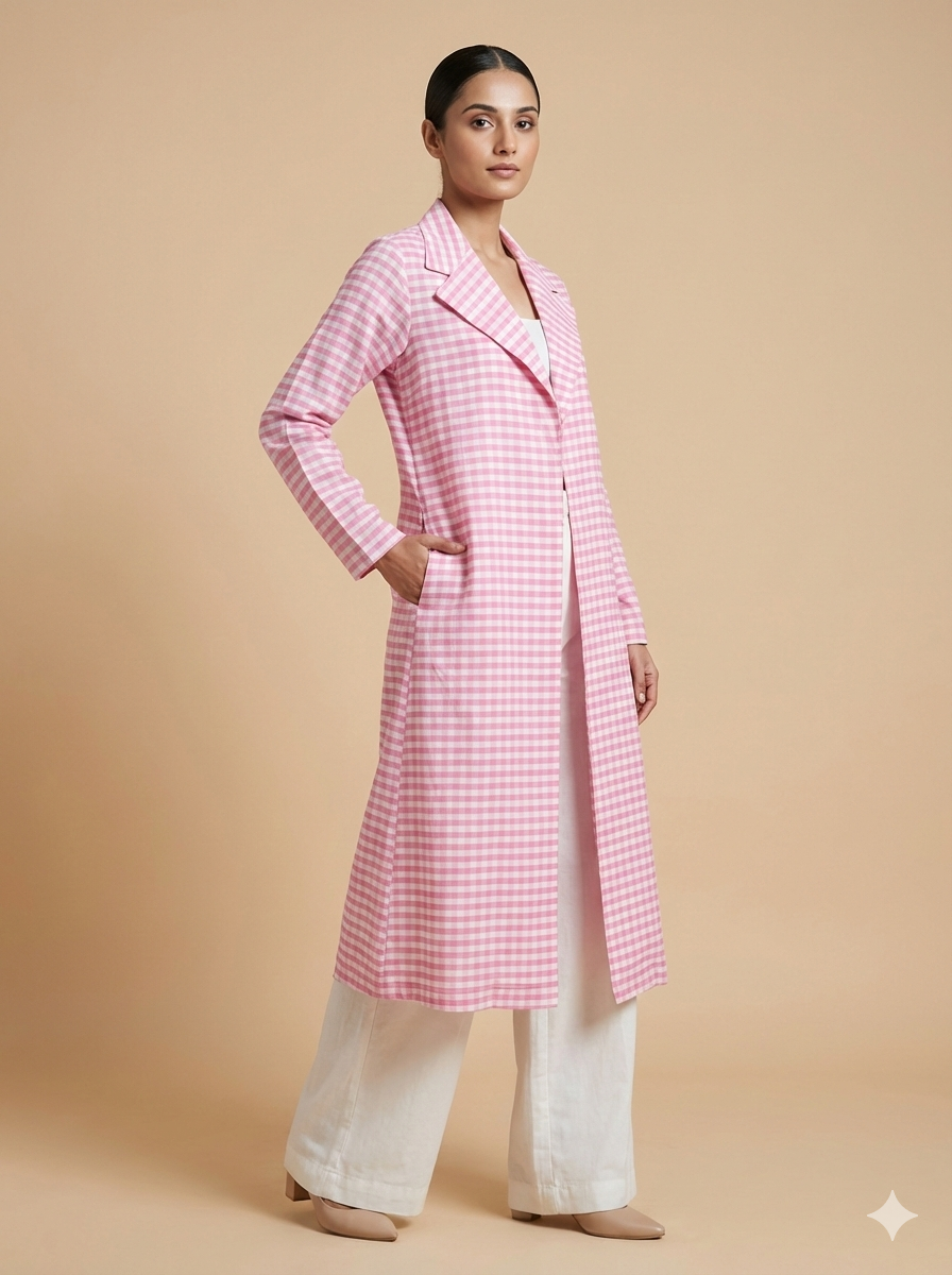 Pink Chanderi Check Long Jacket for Women | Handloom Elegance