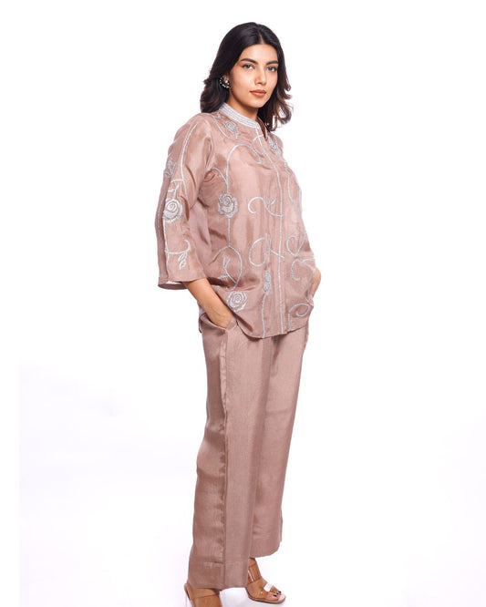 Women's Mauve Upda Silk Co-ord Set with Silver Embroidery by Panchakanya | Festive & Partywear | Elegant Ethnic Ensemble