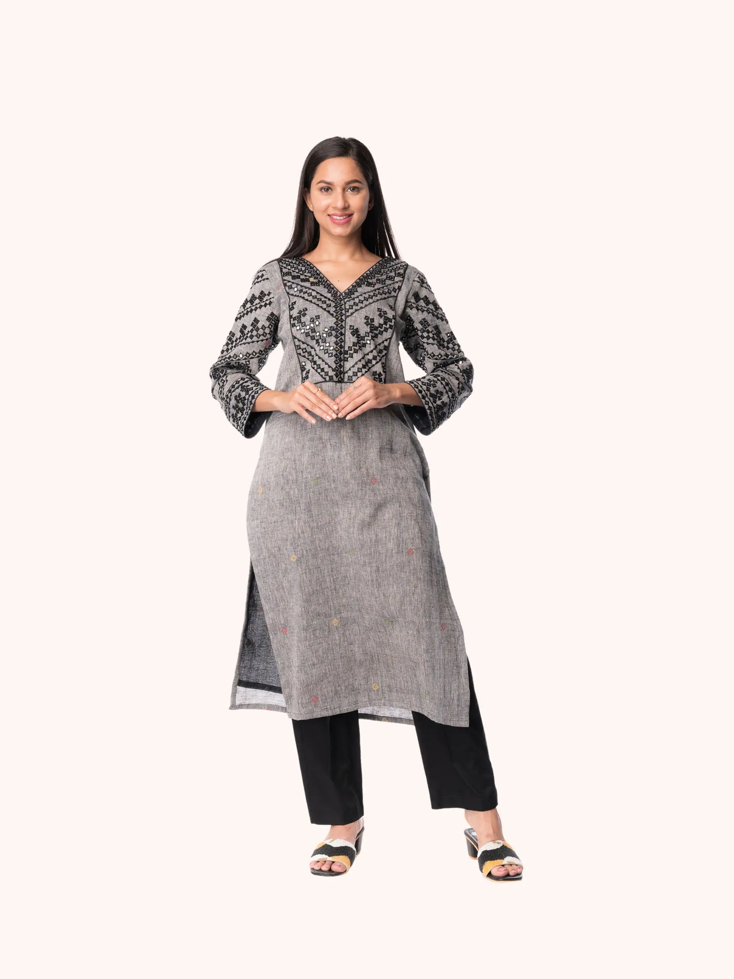 Grey Black Elegant Mirror Embroidery Kurta with Lining - Panchakanya Clothing