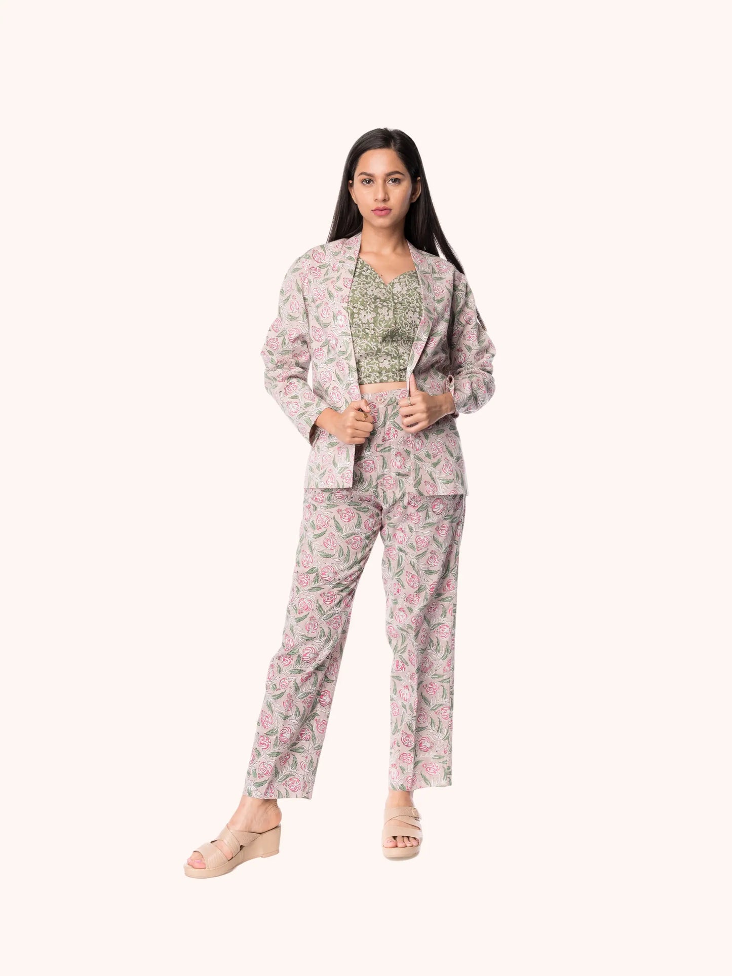 Chic 3-Piece Co-Ord Set: Blazer with Straight-Fit Mid-Rise Trouser – Panchakanya Clothing