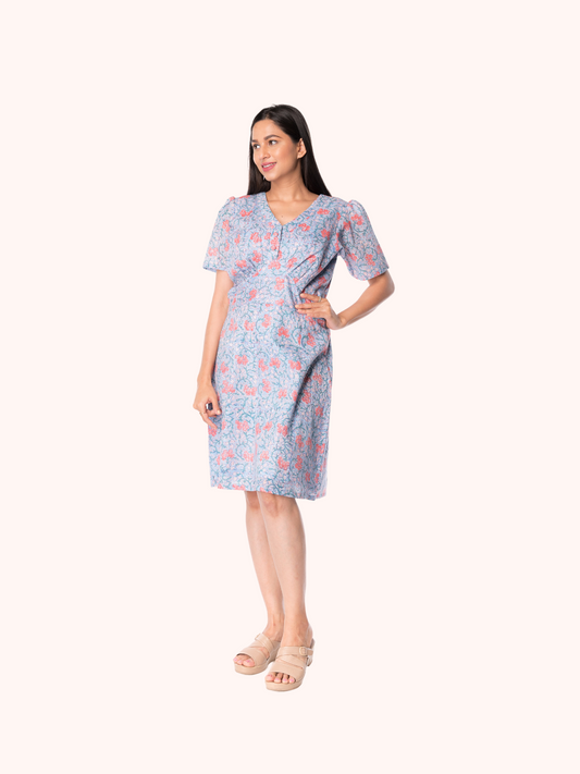 Cotton Floral Print Dress With Gathered Sleeves For Women - Panchakanya Clothing