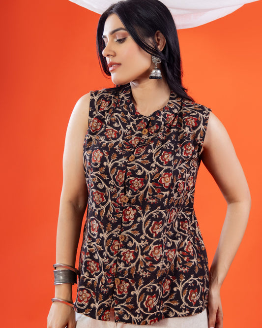 Sanganeri Cotton Princess Top for Women – Handcrafted Sleeveless Designer Top by Panchakanya