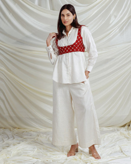 Bhagalpuri Silk Co-Ord Set – White Shirt & Pant with Red Embroidered Koti | Ethnic Chic Outfit for Women By Panchakanya