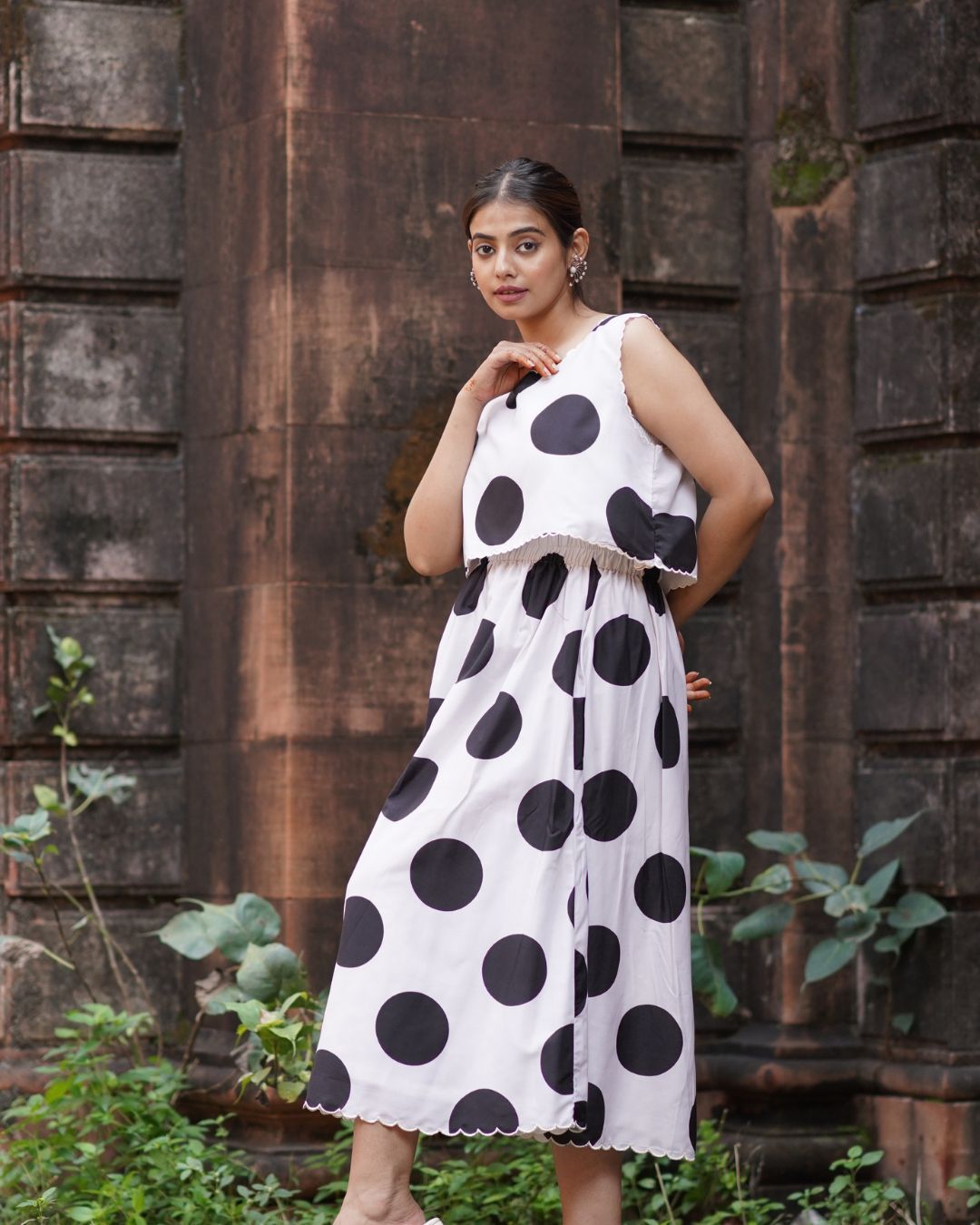 Polka Dot Cotton Top and Skirt Set for Women - Panchakanya Clothing