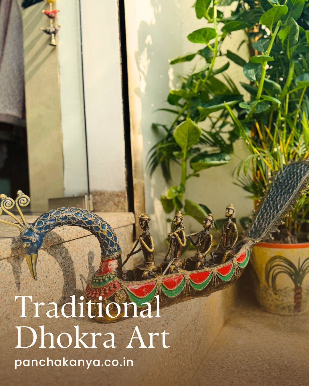 Brass Dhokra Peacock Four Men Boat - Traditional Indian Decor